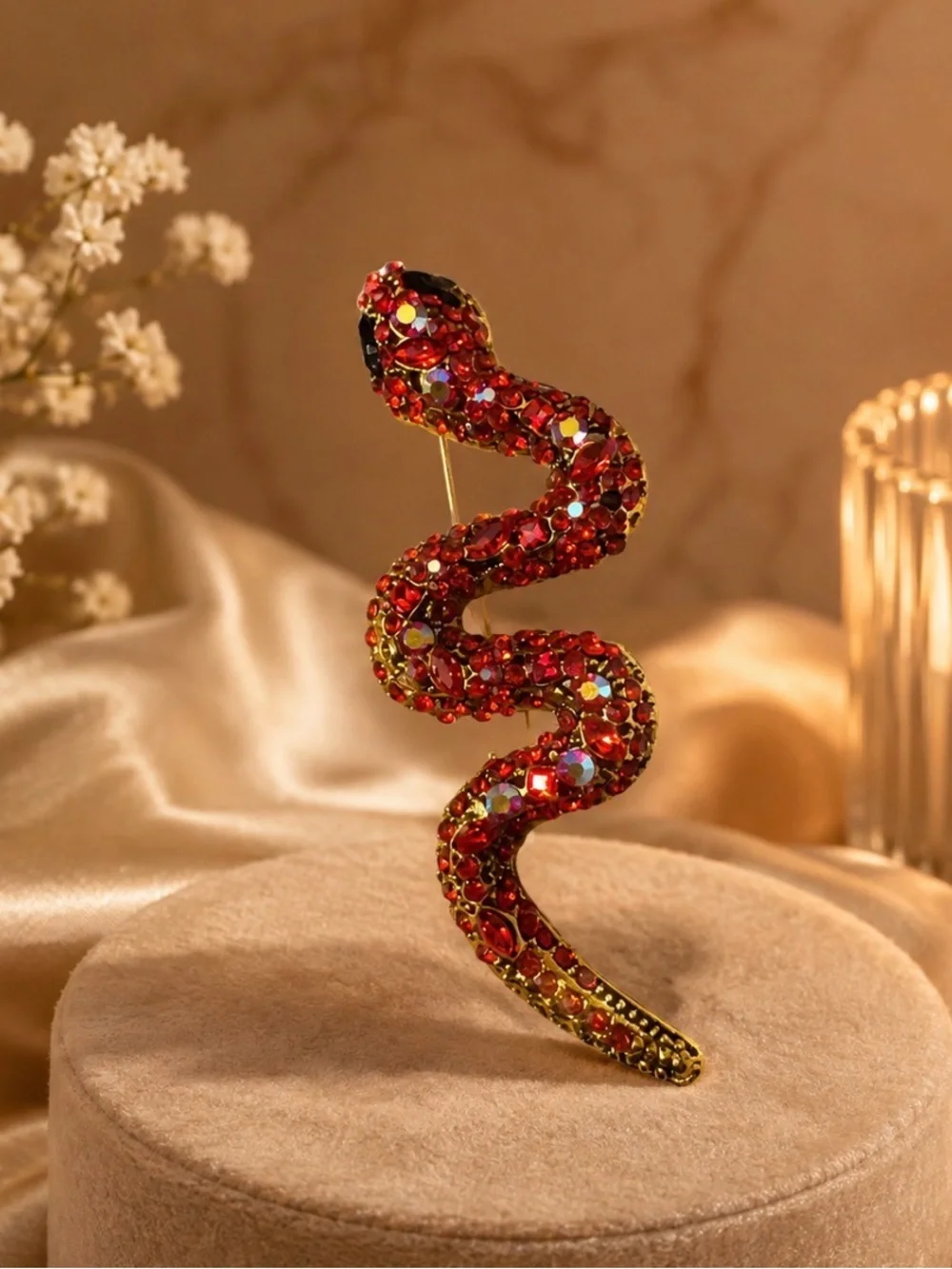 Red Crystal Snake Brooch Pin - Women's Statement Jewelry